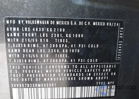 2024 Volkswagen Taos 1.5T S from USA, damaged, VIN 3VV8X7B2XRM095961